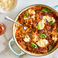 Spicy meatball and bucatini pasta bake