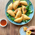 Spicy prawn and celeriac pasties with hot sauce