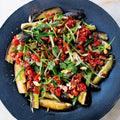 Steamed aubergine with charred chilli salsa