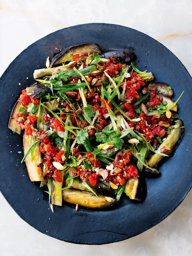 Steamed aubergine with charred chilli salsa