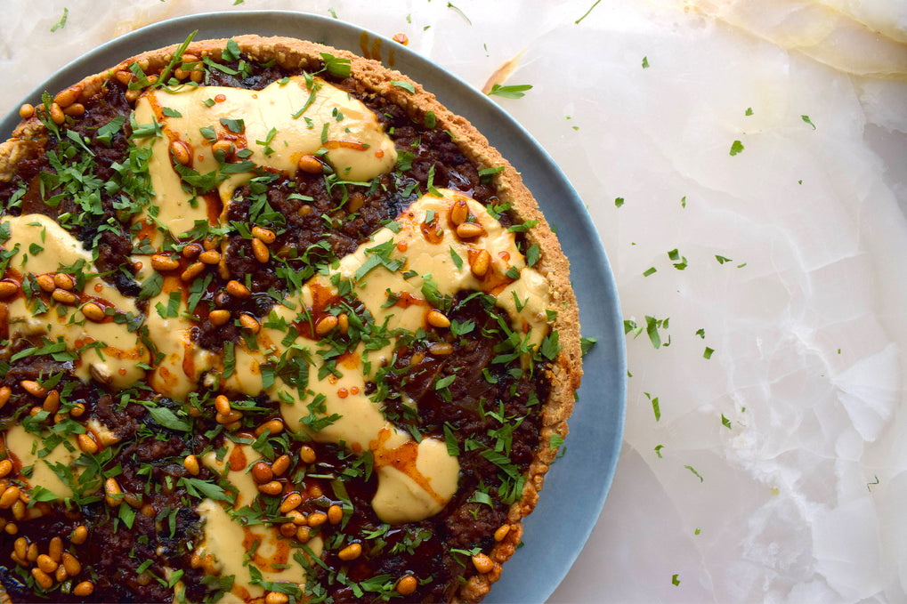 Savoury mince and tahini tart