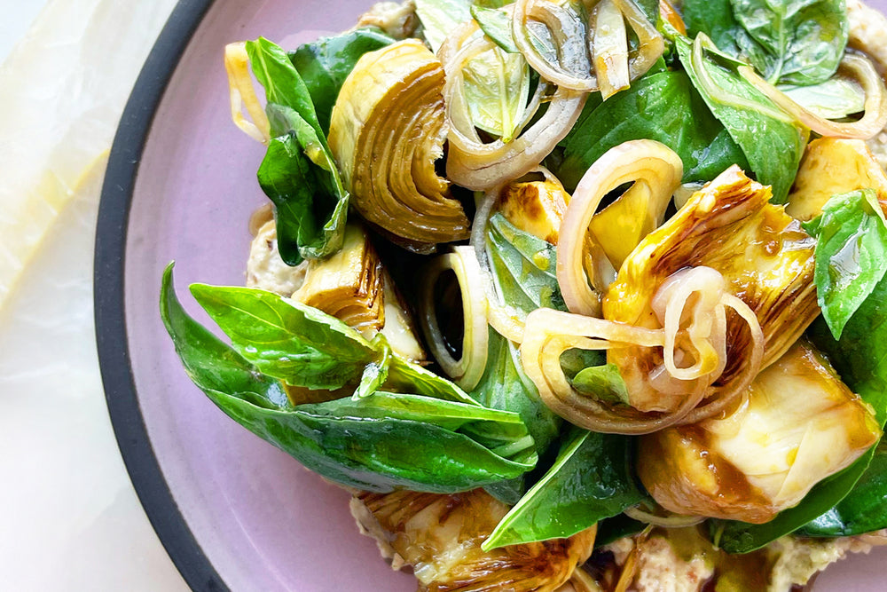 Jarred artichoke salad with almond tarator