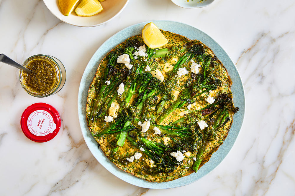 Tenderstem broccoli and green harissa stove-top frittata 