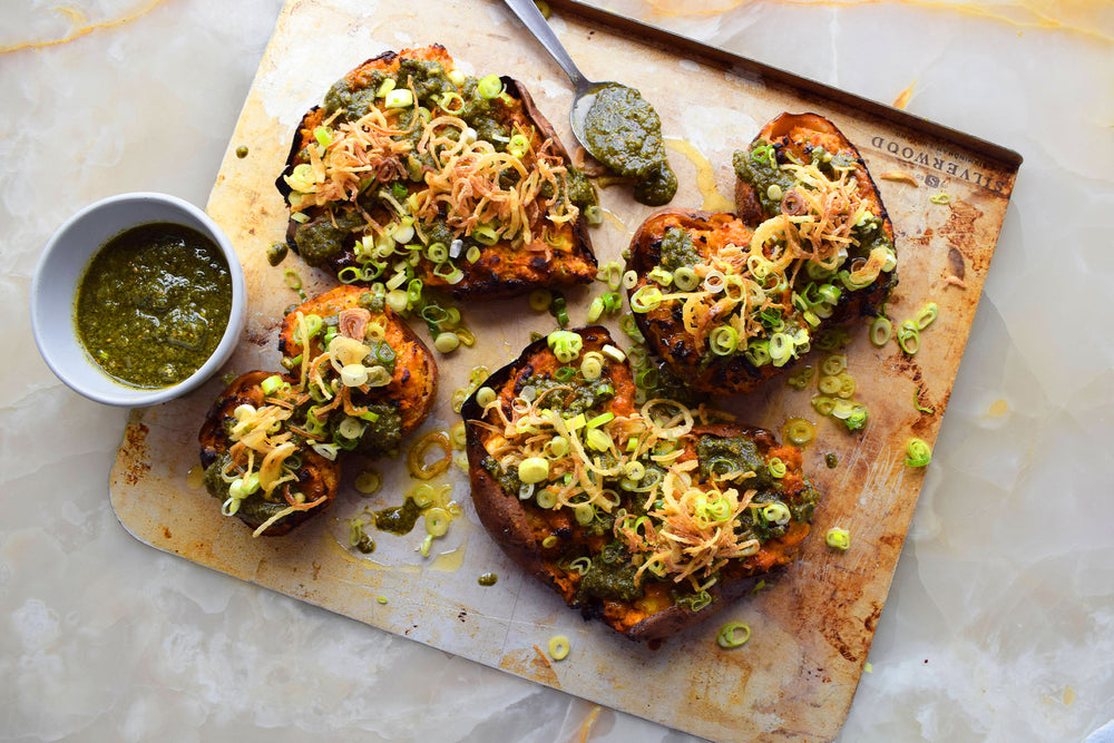 Twice baked feta potatoes with za'atar pesto