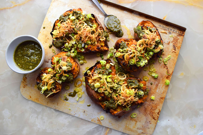 Twice baked feta potatoes with za'atar pesto