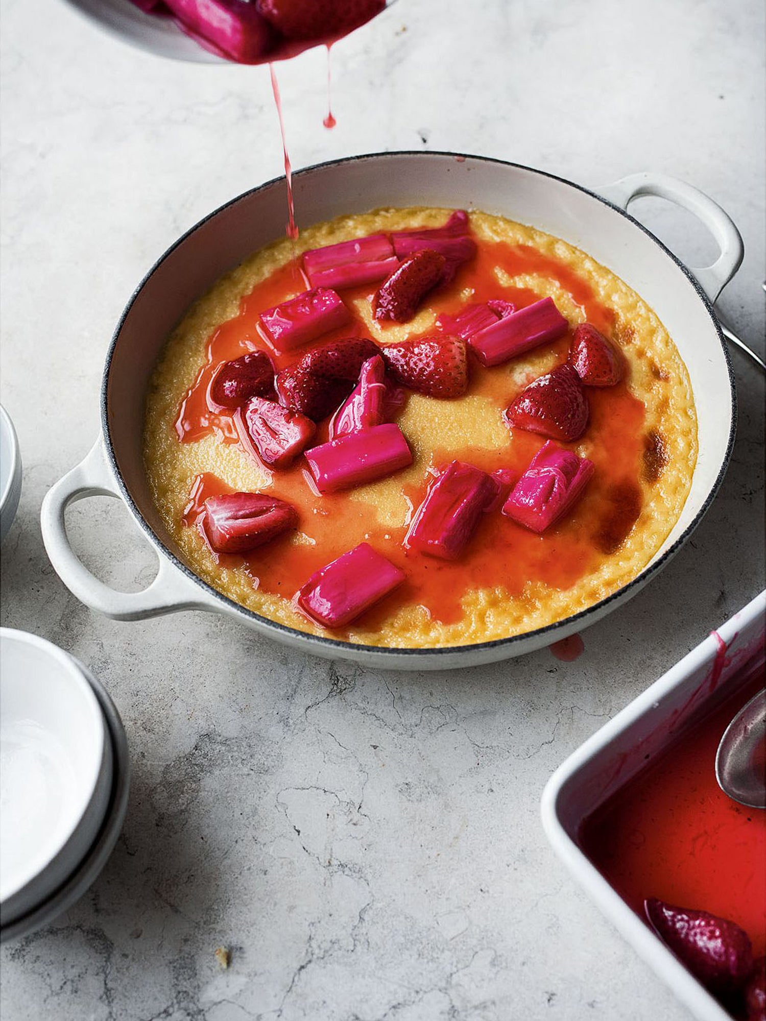Vanilla custard with roasted strawberries and rhubarb