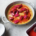 Vanilla custard with roasted strawberries and rhubarb