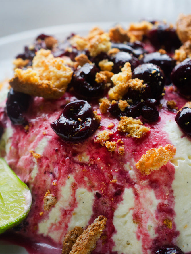 Yoghurt and orange semifreddo with cherries and amaretti