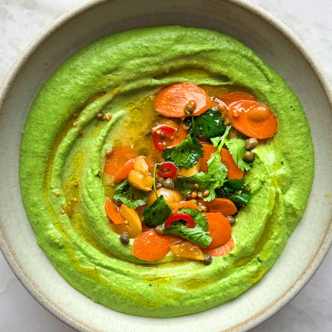 Cashew dip with spiced carrot and apricot pickle