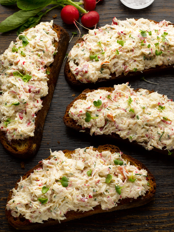 Crab and radish bruschetta with radish cress