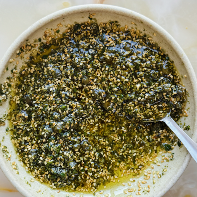 Nori, caper and sesame olive oil dip 