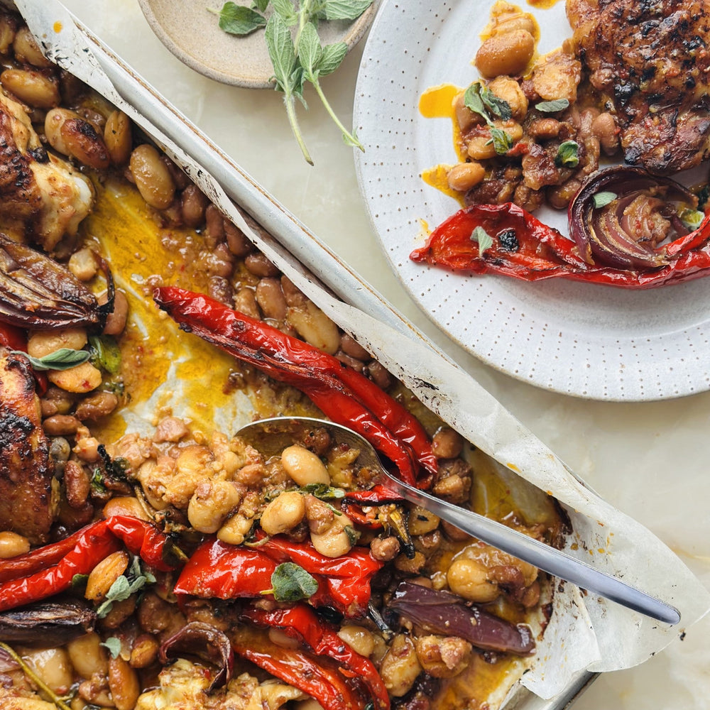 Orange harissa chicken traybake