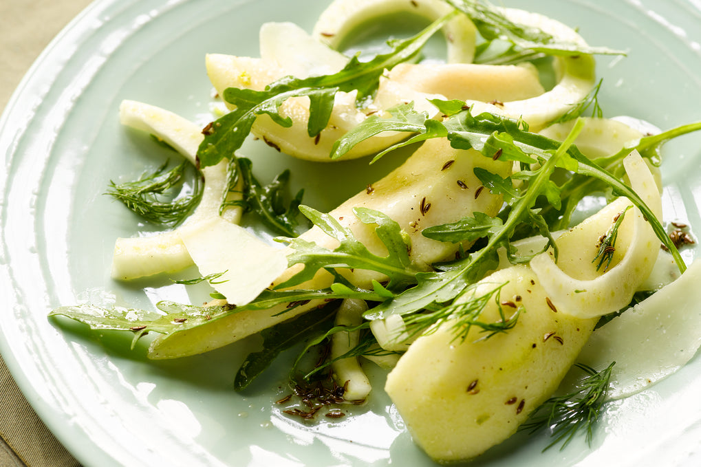 Pear and fennel salad with caraway and pecorino