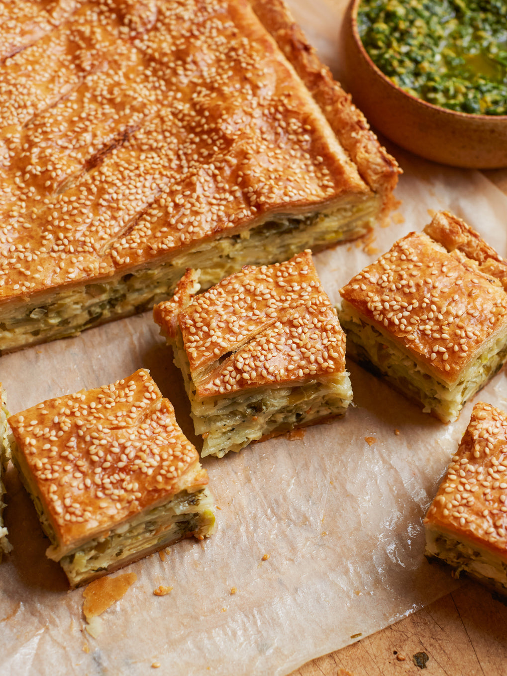 Potato slab pie with salsa verde